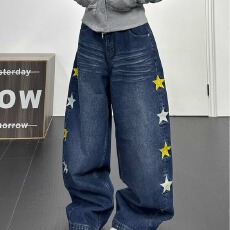 批发美式街头潮流星星牛仔裤百搭水洗做旧弯刀迷彩裤男女小众宽松<b class='q'>长裤</b>