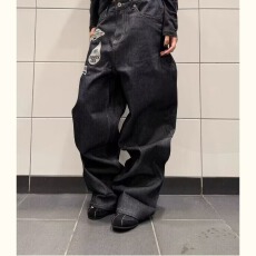 批发美式休闲高端刺绣牛仔裤男款潮牌弹力修身直筒个性印花黑色<b class='q'>长裤</b>子