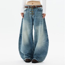 批发2026美式复古水洗做旧弯刀牛仔裤男女显瘦廓形宽松拖地阔腿<b class='q'>休闲裤</b>