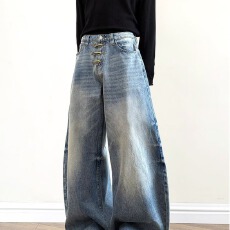 批发2026美式复古水洗做旧弯刀牛仔裤男女显瘦廓形宽松拖地阔腿<b class='q'>休闲裤</b>