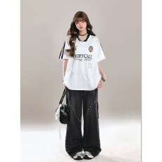 批发美式字母V领运动球衣服短袖<b class='q'>T</b><b class='q'>恤</b>女夏季ootd穿搭泽西风宽松半袖上衣