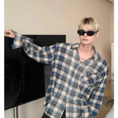 批发美式复古格子衬衫<b class='q'>男</b>长袖春秋休闲英伦风潮牌宽松休闲翻领衬衣<b class='q'>男</b>士