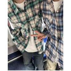 高街国潮刺绣字母格子衬衫男高级感小众宽松休闲情侣款防晒衬衣潮