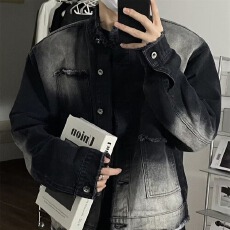 批发美式复古<b class='q'>春</b>秋季毛边设计感水洗渐变色牛仔外套男潮牌街头宽松夹克