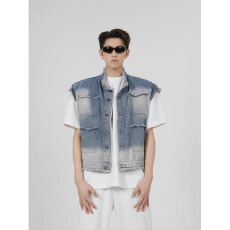 美式破洞牛仔马甲男女夏季潮无袖坎肩背心潮流翻领工装夹克外套