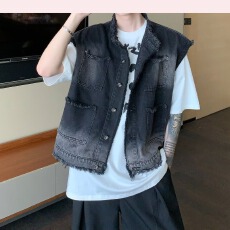 批发韩系潮流宽松百搭休闲美式复古设计感小众高街牛仔马甲坎肩<b class='q'>外套</b>男