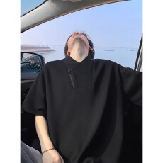 批发cleanfit潮牌斜拉链V领短袖男夏季艺术生小众boxy正肩<b class='q'>t</b><b class='q'>恤</b>美式半袖