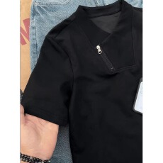 批发cleanfit潮牌斜拉链V领<b class='q'>短袖</b>男夏季艺术生小众boxy正肩t恤美式半袖