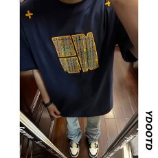 批发字母刺绣重磅短袖男夏季美式高街藏青色<b class='q'>t</b><b class='q'>恤</b>高级感正肩五分袖