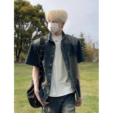 批发美式复古风破洞牛仔<b class='q'>夹克</b>衬衫<b class='q'>男</b>夏季穿搭高级感痞帅短袖牛仔衬衫潮