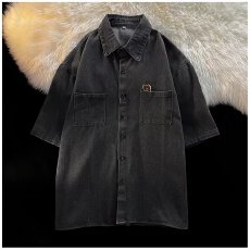 批发<b class='q'>牛仔</b>衬衫男港风复古宽松五分袖衬衣韩版潮流百搭潮牌短袖上<b class='q'>衣外套</b>