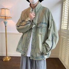 批发美式高街vibe<b class='q'>牛仔</b>外套男女春秋复古港风chic潮拉链设计感小众<b class='q'>夹克</b>