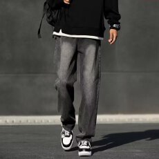 批发黑灰色牛仔裤男宽松直筒高街裤子男<b class='q'>夏</b>季潮流百搭阔腿美式休闲长裤
