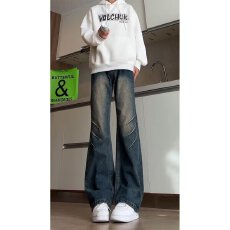 批发美式高街水洗复古做旧牛仔裤男款秋季褶皱设计感宽松阔腿微喇裤子