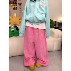 批发美式复古波点满印阔腿卫裤男女宽松<b class='q'>休闲</b>慵懒垂感直筒<b class='q'>长裤</b>