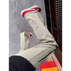 批发潮牌痞帅火焰纹牛仔裤男春秋季美式高街黄泥色设计感直筒微喇裤子