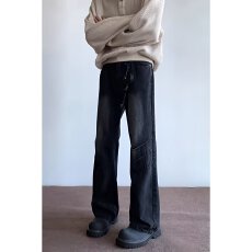 批发美式高街水洗复古做旧牛仔裤男款秋季褶皱设计感宽松阔腿微喇裤子