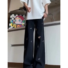 美式潮牌趣味小狗刺绣水洗牛仔裤男春夏复古宽松阔腿百搭直筒长裤