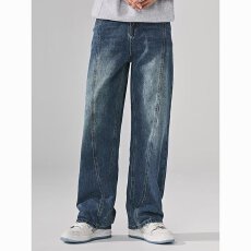 批发复古直筒宽松牛仔裤男12安无弹潮长裤秋冬美式高街新款阔腿裤