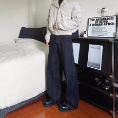 批发美式复古丹宁蓝阔腿弯刀牛仔裤男解构宽松直筒宽松休闲长裤子潮牌