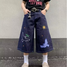 批发潮牌美式卡通牛仔短裤男女夏季高街宽松直筒阔腿休闲七分裤