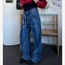 批发复古蓝水洗牛仔裤<b class='q'>男</b>款春秋季美式高街vibe<b class='q'>裤子</b>宽松直筒休闲阔腿裤