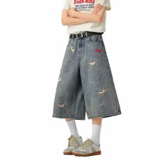 复古浅蓝色趣味小狗刺绣牛仔短裤女夏季宽松直筒通勤风阔腿五分裤