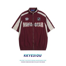 美式复古潮牌插肩立领短袖衬衫男拉链机能风插肩情侣上衣