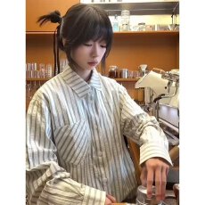 批发春秋日系复古风条纹长袖<b class='q'>衬衫</b><b class='q'>男</b>女宽松<b class='q'>休闲</b>百搭翻领撞色泡泡纱<b class='q'>衬衣</b>