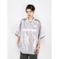 批发2026夏季新品美式复古插肩袖织带拼接字母印花宽松圆领短袖情侣装