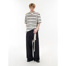 帛跃不规则领口条纹短袖情侣休闲复古撞色青少年个性男女T恤