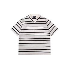 帛跃不规则领口条纹短袖情侣休闲复古撞色青少年个性男女T恤