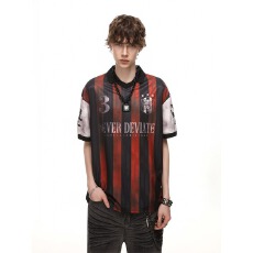 美式复古翻领速干球衣短袖t恤男夏宽松休闲条纹撞色足球上衣