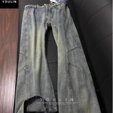 批发美式复古裤子<b class='q'>男生</b>高级感解构拼接<b class='q'>牛仔裤</b>黑灰色微喇直筒裤