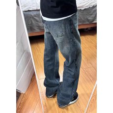 批发美式复古蓝色牛仔裤男款<b class='q'>秋</b>季高腰提档修身显瘦裤子窄版直筒微喇裤