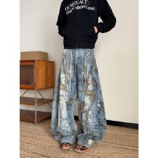 100%棉美式街头重工乱针刺绣污渍牛仔裤男女废土风宽松阔腿弯刀裤