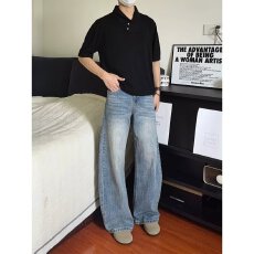 批发竹节牛仔裤男<b class='q'>秋</b>季新款时尚百搭宽松显瘦高腰弯刀拖地裤子