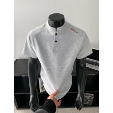 美式灰色解构亨利领重磅短袖t恤男款夏季潮牌半袖宽松五分袖