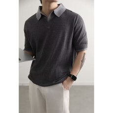 男士短袖针织衫衬衫领商务休闲2026春季新款纯色百搭上衣