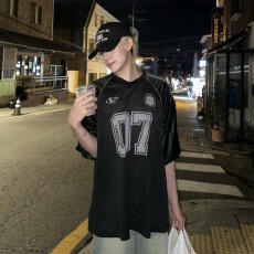 批发美式复古网眼速干短袖<b class='q'>T</b><b class='q'>恤</b>男女夏设计感拼接运动印花透气球服上衣