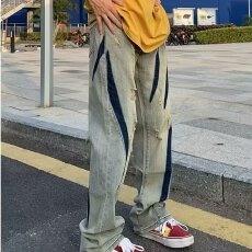 批发欧美vibe风高街破洞补丁拼接牛仔裤男秋<b class='q'>冬</b>黄泥做旧hiphop炸街裤子