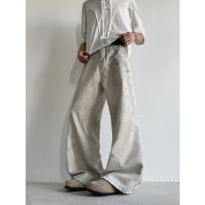 链条蕾丝印花牛仔裤女夏季泼墨设计脏染直筒阔腿裤显瘦百搭拖地裤