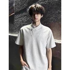 批发解构设计感半高领t恤男廓形垫肩宽松短袖<b class='q'>卫衣</b>叠v堆堆领半截袖体恤