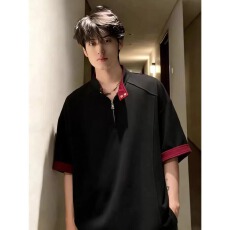 批发黑色半拉链短袖男款夏季美式拼接撞色立领polo衫高级感<b class='q'>正</b>肩T恤
