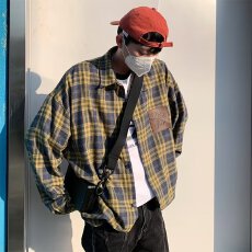 批发日系潮流设计感拼色格子<b class='q'>衬衫</b>男港风复古宽松休闲<b class='q'>长袖</b><b class='q'>衬衣</b>外套