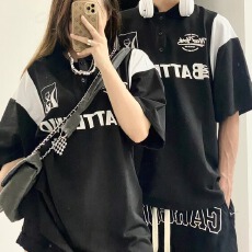 美式学院风翻领polo衫男字母印花运动短袖t恤三杠撞色机车冰球服