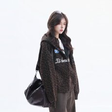 批发2026<b class='q'>春</b>季豹纹华夫格贴皮绣休闲拉链帽衫美式男女连帽开衫卫衣外套