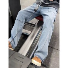批发美式高街复古蓝斜切牛仔裤男春<b class='q'>秋</b>痞帅设计感显瘦直筒微喇长裤