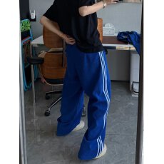 批发休闲裤子宝蓝色春<b class='q'>秋</b>四季细白杠双白杠初中生三白杠运动长裤文艺