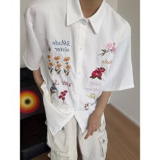 批发美式复古华夫格小众设计彩色花卉刺绣衬衫短袖宽松慵懒风休闲百搭
